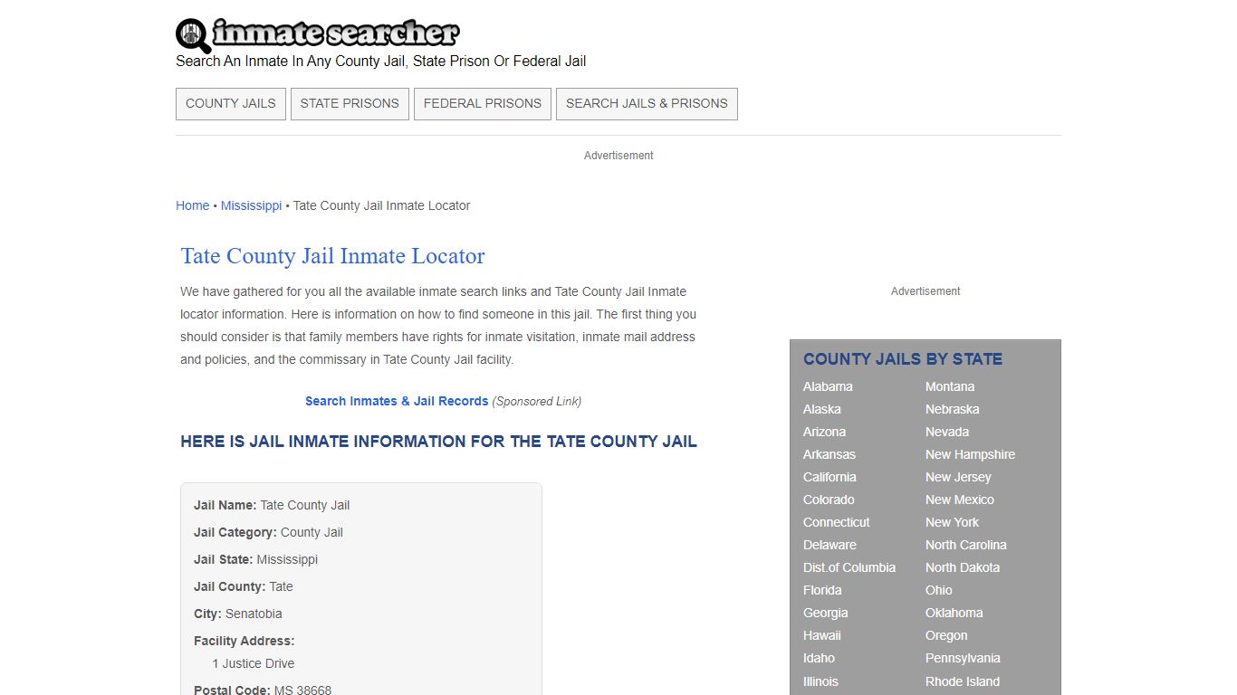 Tate County Jail Inmate Locator - Inmate Searcher